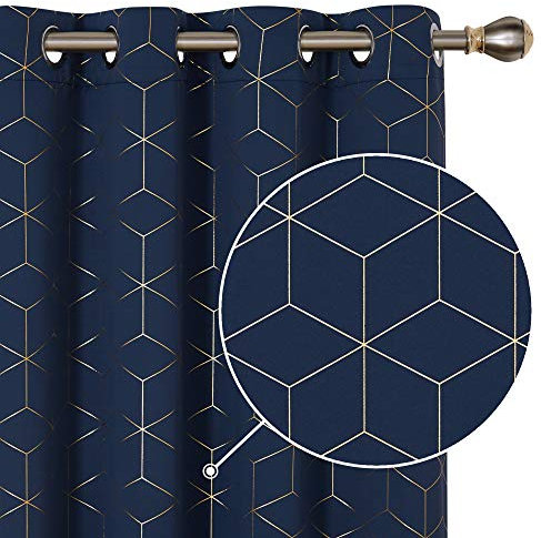 Deconovo Blackout Curtains, Gold Diamond Printed Energy Saving Curtains, Eyelet Curtains for Baby Nursery, 52 x 84 Inch(Width x Length), Navy Blue, One Pair