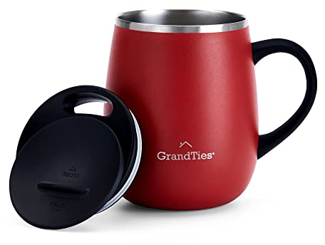 Grandties Thermo Kaffeebecher mit Griff - Schiebedeckel für Spritzschutz 480 ml Coffee To Go Becher Kaffeebecher To Go | Doppelwand-Edelstahl Hält Getränke Warm & Kalt - Cranberry