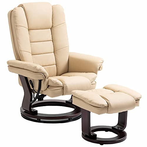 HOMCOM Poltrona con Poggiapiedi Reclinabile 135°, Poltrona Relax Ergonomica Girevole con Pouf, Poggiatesta e Braccioli in Pelle PU per Camera, Ufficio, Soggiorno e Salotto, 85x82x106 cm, Beige