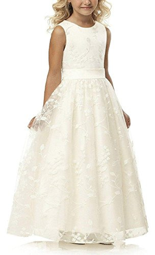 Aibaowedding Chic Lange Kinder Kommunionkleid Sommerkleider aus Besticktem Tüll mit Satin Gürtel/Boho A-Linie Brautjungfern Kleider Blumenmädchenkleider für Mädchen(Elfenbein,12)