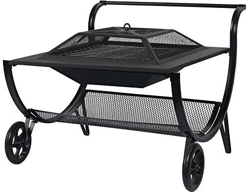 Harbourside, braciere da 68 cm, per esterni, a legna, con ruote, in acciaio, quadrato, con griglia, griglia, parascintille, attizzatoio, braciere portatile per caminetto esterno