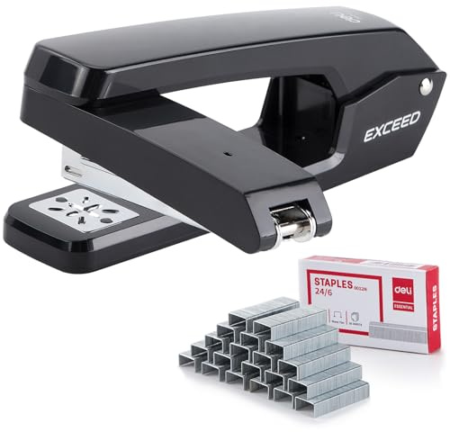 Deli/EZWORK Swing-Arm Swivel Stapler, 25 Sheets Capacity, 360 Degree Rotate Desk Staplers with 1000 Staples for Booklet or Book Binding, Black