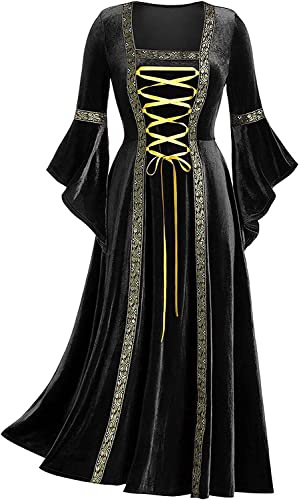 Halloween Kostüm Damen Kleider Hexenkostüm 80er Jahre Mittelalter Kleidung für Frauen Goldener Samt Trompetenärmel Retro Kostüm Renaissance Kleid Partykleid Vintage Clothes(Small,Schwarz)