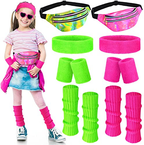 Giegxin 2 Set 80s Leg Warmers Set for Girls Kids Neon Ribbed Knit Leg Warmers Fitness Headband Wristbands for Halloween Party(Holographic Rose Red, Holographic Green)