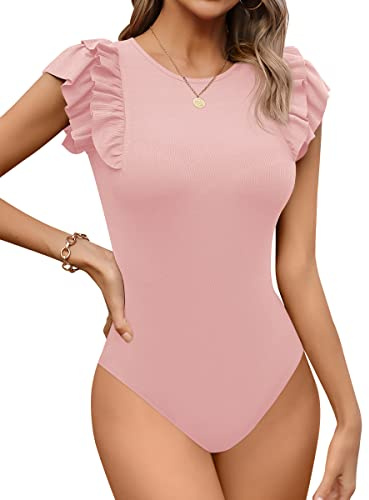 Missufe Damen Body Bodysuit Elegant Top Damen Body Rundhals Rüschen Kurzarm (Rosa, XX-Groß)