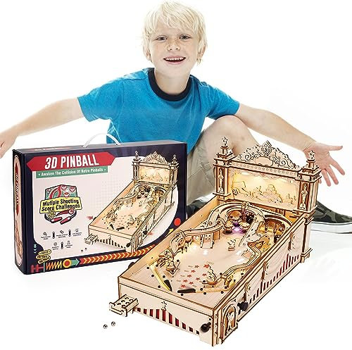 RoWood 3D Puzzle Flipperautomat aus Holz | DIY Tischflipper Modellbau Pinball Modellbausatz für Erwachsene | Komplexer Holzpuzzle Flipper Spielautomaten Geschenk