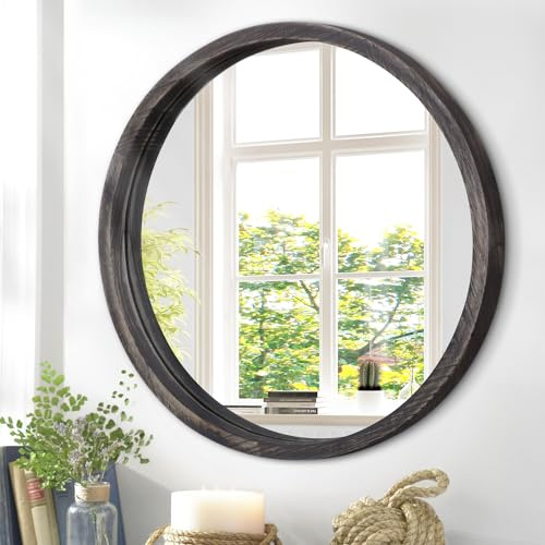 JJUUYOU Rundwandspiegel 40cm, Hängen Runder Schwarzer Spiegel für Badezimmer, Holz Bauernhaus Rahmen für Schlafzimmer, Wohnzimmer oder Wand Dekoration