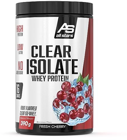 ALL STARS Clear Isolate Whey Protein (390 g, Fresh Cherry) – Whey Isolate Protein Pulver für einen erfrischenden Protein-Shake – Kalorienarmer Clear Iso Whey Eiweiß-Drink ohne Zuckerzusatz