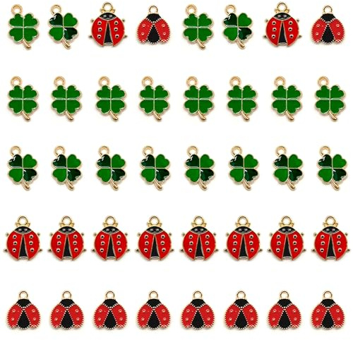Niuhong 40 Pcs Pendenti Foglie Trifoglio Coccinella Charms Metallo Fascino Smalto Coccinella Rossa Ciondoli Quattro Foglie Verdi Lucky Beetle Accessori Ornamenti Fai Da Te Artigianato Gioielli