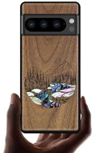 Carveit Designer Wooden Case for Google Pixel 8 Pro Case Cover [Wood Engraving & Shell Inlay] Compatible with Wireless Chargers Pixel 8 Pro Case (Mountains and Lakes-Walnut)
