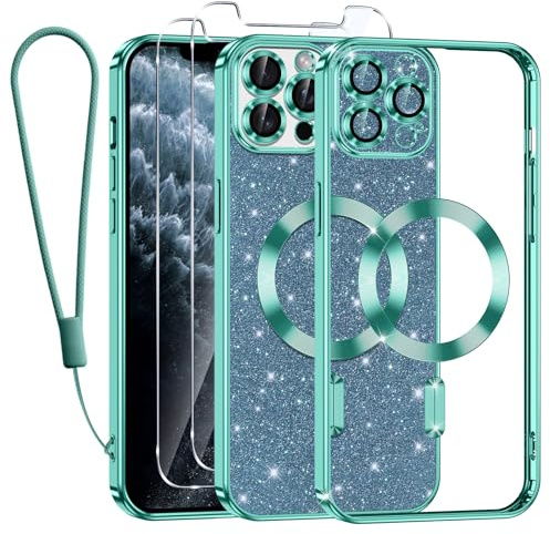 Kokio Handykette für iPhone 11 Pro Max Hülle mit Band, [Kompatibel mit MagSafe] Glitzer Magnetisch Handyhülle für iPhone 11 Pro Max mit 2 Stück Schutzfolie Stoßfeste Silikon Schutzhülle, Grasgrün