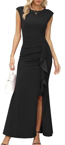 Missufe Abito da ballo lungo da donna Vestiti da sera lunghi con maniche ad aletta Cocktail con volant e spacco sirena aderente per matrimoni e feste, Nero , L