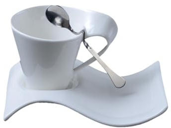 soulnioi 3PCS Cappuccino Set (Cup+Spoon+Saucer), Wave Shaped White Saucers Mug Cup for Latte Coffee Cappuccino, for Arty Kitchen Home Breakfast Cutlery (130ML Cup)