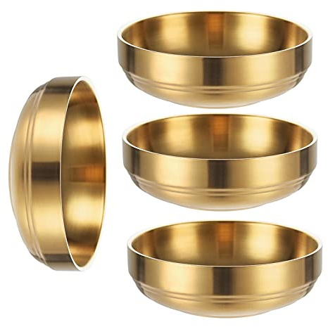 Sicheii 4 Stück Gold Saucenschälchen Edelstahl, Doppel-Deck Schüssel Sojasauce, Snackschalen & Dipschalen, Gewürzschalen Set, Mini Schüssel für Dips, für Pommes Frites Gewürz Sushi Servier, 12cm