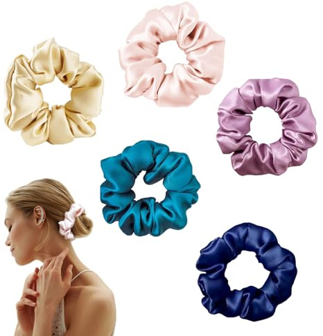 5 Stück Scrunchies,100% Seide Haargummi Damen Pferdeschwanz Haarbänder, Übergroße Elastische Haarbänder Seide Scrunchies-haargummis mädchen Passend (Fünf Farben)