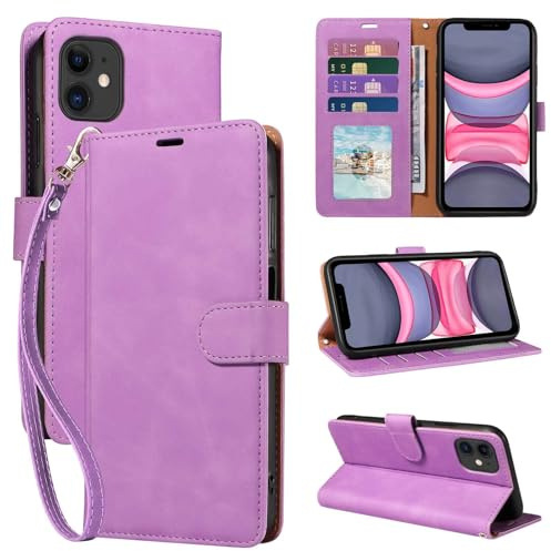 GOTOURED for iPhone 11 Phone Case Wallet, RFID Blocking Card Holder, Purple | 4 Card Slots, Wrist Strap, Soft PU Leather Flip Cover, Kickstand, Cash Pocket, Magnetic Closure, TPU Shell Protective