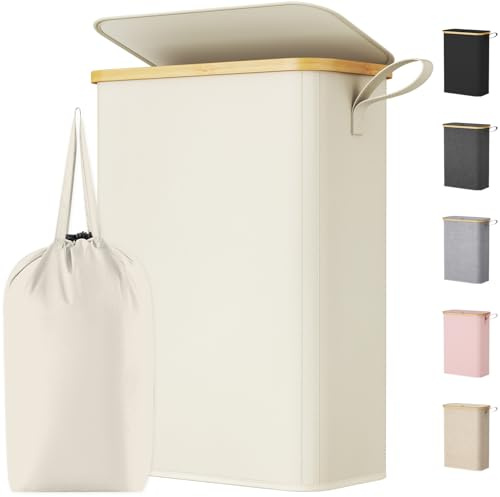 Lifewit 50L Slim Laundry Basket with Lid, Narrow, Removable Bag, White | Bamboo Handles, Foldable Thin Laundry Bin, Dirty Clothes Hamper for Laundry, Bathroom, Bedroom and Dorm