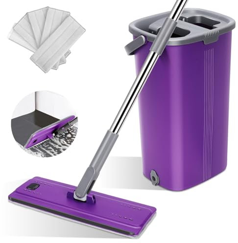 Myiosus Set di mocio con secchio, secchio per tacchino con mocio, tergicristallo a 360° con manico in acciaio inox, mocio con funzione strizzante, con 5 panni in microfibra, per pavimenti in legno