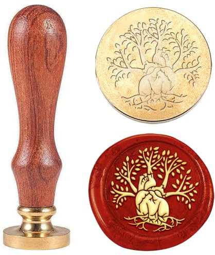 Hobbspring 1 Stück Wachs Siegelstempel Mit Lebensbaum Motiv Herz Vintage Wachssiegelstempel Geschenk für Weihnachten 25mm Abnehmbarer Messingkopfstempel Mit Holzgriff Einladungskarten Wachsstempel
