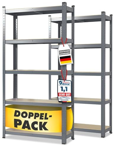 etm Schwerlastregal 2-er Pack 200 x 100 x 50 cm grau | Steckregal, Lagerregal, Standregal, Stecksystem ohne Werkzeug montierbar (Lakota, grau)