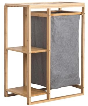 Wintem Wäschekorb aus Bambus 50 x 30 x 70 cm – mit Stoffkorb und 2 Ablagen – Eleganz und Funktionalität, um Platz zu sparen und Ihr Zuhause mit Stil zu organisieren – Fassungsvermögen des Korbes 15 kg