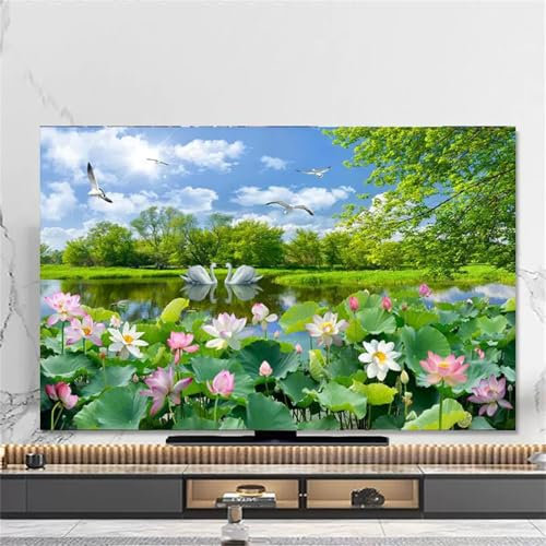 Hixingo Copertura Antipolvere per TV, Motivo Stagno di Loto 3D Copri Televisore Elastica Universale Cover/Custodia Protettiva TV 32-80inch Protezione Televisore (Oca bianca,45-48inch)