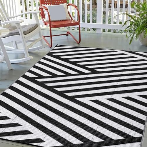 Generisch Outdoor Teppich Wetterfest schwarz und weiß 120x180cm Outdoor Teppich für Patio Reversible RV Camping Matte Kunststoff Stroh Teppiche für Balkon Picknick Deck, inkl. Tragetasche