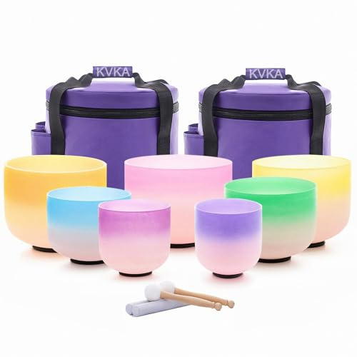 KVKA Kristall-Klangschalen Set, 7-12 inch 432Hz Gradien-Farben Chakra Sound Healing Klangschalen für Yoga, Energieheilung & Tiefenentspannung mit Tragetasche
