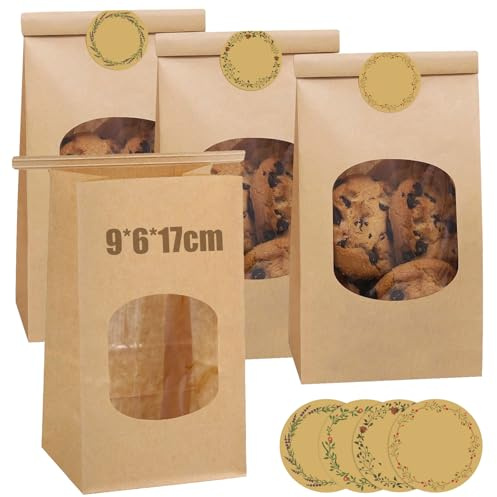 25 Stück Brottüten Papier - Kleine Kekstüten Keksbeutel mit Fenster, Papiertüten Braun mit Verschlussclips, Kraftpapier Tüten, Backbeutel, kleine Brottüte für Gebäck,Süßigkeiten (9 * 6 * 17cm)