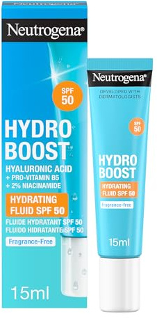 Neutrogena Hydro Boost Fluido Idratante SPF 50, Crema solare viso 50 con Acido Ialuronico, Niacinamide e Pro-Vitamina B5, Crema viso SPF 50 in fluido, Protezione solare in mini size da 15 ml