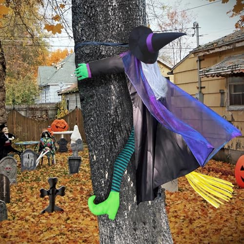 OdiuK Deko Halloween Outdoor Hexe 145CM Höhe Halloween Hexe Kracht Gegen Baum, Große Gruselige Figuren Fliegende Hängend Witches Dekoration, Halloween-Garten-Hof-Baumdekoration für Draußen