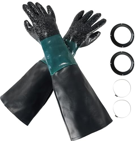 DASBET Rubber Sandblasting Gloves 23.6 Heavy Duty Sandblaster Gloves Kit | with Particles Palm for Sandblaster Cabinets (With Gloves Holder)