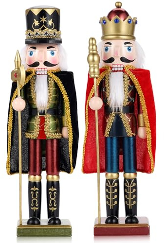 Tpudn 2PCS Nutcracker Soldier Doll - 38CM Traditional Christmas Decor, Nutcracker Figures Wooden Hand-Painted Holiday Decoration for Xmas Tree, Tabletop, Party & Gifts (Red&Green)
