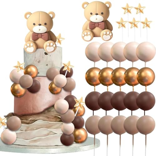 Teddy Bear Cake Decoration, 26 PCS Bear Baby Shower Cake Topper, Mini Balls Cake Toppers, Teddy Bear Cupcake Toppers Brown Foam Balloon Pearl Ball for Baby Shower Birthday Party Supplies