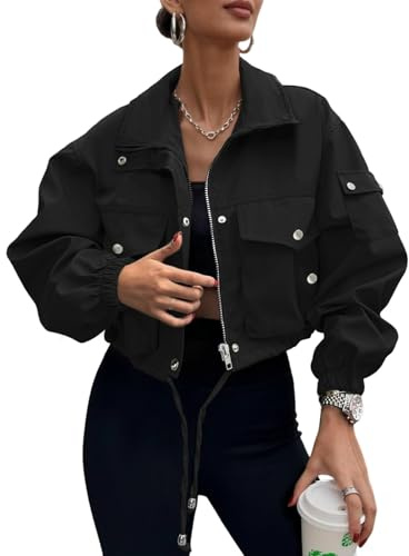UEAL Bomber Jacket Women Cropped Zip Up Light Windbreaker Travel Bomber Jacket Trendy Small Black