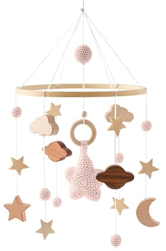 Mobile Lit Bébé, Bois Mobile Berceau Bébé, Jouet Suspendu Hochet Pour Lit Bebe Naissance Pour Fille Garçon Chambre D'enfant Décoration Avce Pendentif Feutre Boule