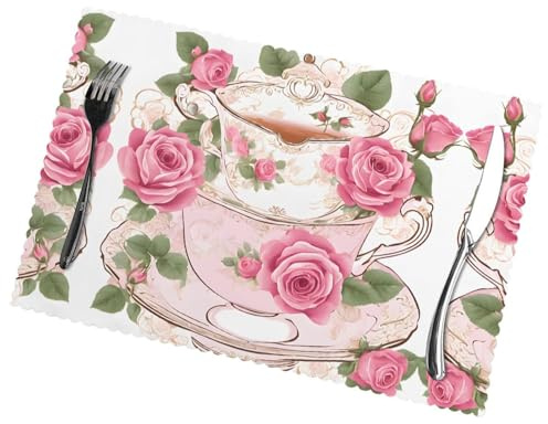 Set di 6 tovagliette da tè con rose romantiche in stile shabby chic, per tavolo da pranzo, in poliestere resistente, con elegante design stampato, resistenti al calore e alle pieghe, per decorare la