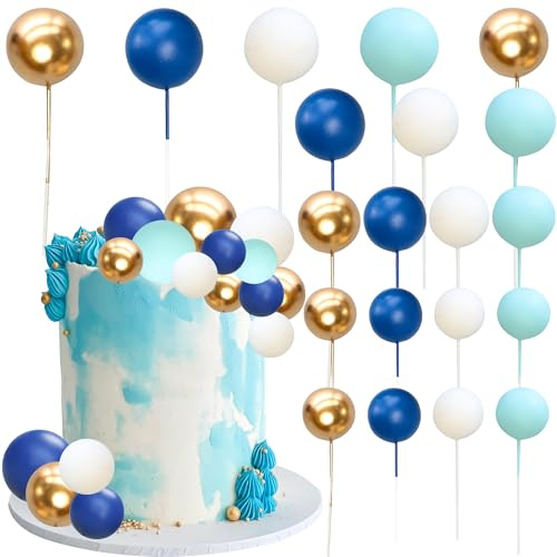Ephlyn 32Pcs Ball Cake Topper Foam & Wire Decorations Mini Balloons Cake Topper Sticks for Wedding Party Birthday Cake Decorating Blue White Gold