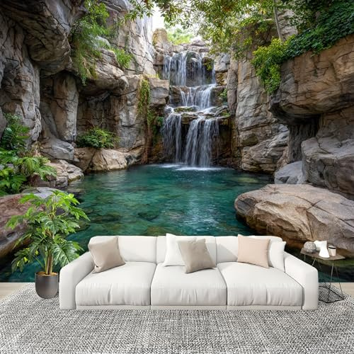 Papel Pintado Salón Dormitorio Paisaje Cascada Estanque de Lotos - Fotomurales Pared Tejido No Tejido Decorativos Murales Paisajes Mondialeles Fotográfico Moderno Decoración de Paredes (300x210 cm)