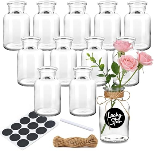 12PCS Small Glass Bud Vases, 125ml Small Glass Vase Set Clear Bud Vases, with 5m Jute Twine, 8 stickers and a pen, for Wedding Home Decor Table Centerpieces Party Desktop