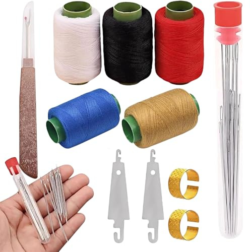 FrostyFlair Set di Aghi in Acciaio, 37 Aghi in Acciaio con Infila-Ago e Filo Resistente, Set Ago e Filo per Lavori Manuali e Riparazioni in Pelle