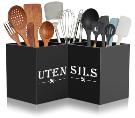 Himake Large kitchen Utensil Holder, Wooden Utensil Organizer for Kitchen Countertop, Spatula and Spoon Cooking Holder with 3 Compartments, Black