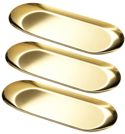 Werownsgso 3PCS Decorative Tray 22x9cm Stainless Steel Gold Tray Jewelry Dressing Table Tray Multi-Purpose Elegant Metal Ornament Tray for Displaying Jewelry Candles Keys
