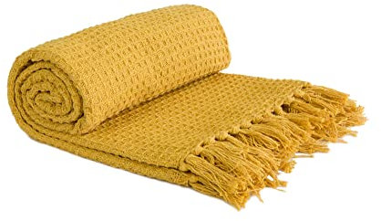 Emma Barclay Nid d'abeille - Couverture en Coton recyclé uni gaufré texturé pour Chaise, canapé, canapé - Jaune Ocre - 228 x 254 cm