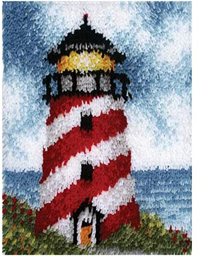GUARDUU Latch Hook Kits Cushion Rug Making Kit for Adults Kids Beginners DIY Crochet Yarn Kits with Colorful Pattern Printed Canvas, Great Gift, 52x38cm, Lighthouse