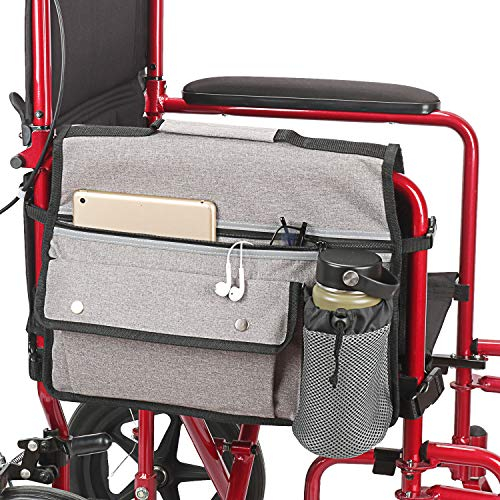 Wheelchair Storage Bag, Double-Sided Armrest Pouch with Cup Holder and Reflective Strip, for Wheelchairs and Walkers (Grey)