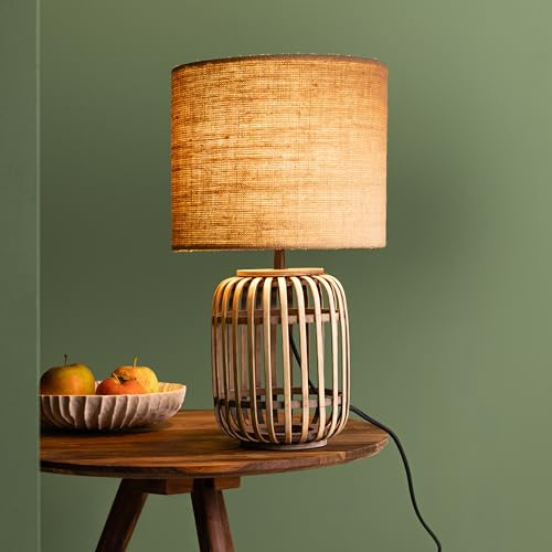 Lightbox DekoTischlampe | 43 cm Höhe | für Flur, Wohnzimmer oder als | dekorative Tischlampe | für Flur, Wohnzimmer oder als Nachttischlampe im Schlafzimmer | Tischleuchte rund im Natur/Holz Look