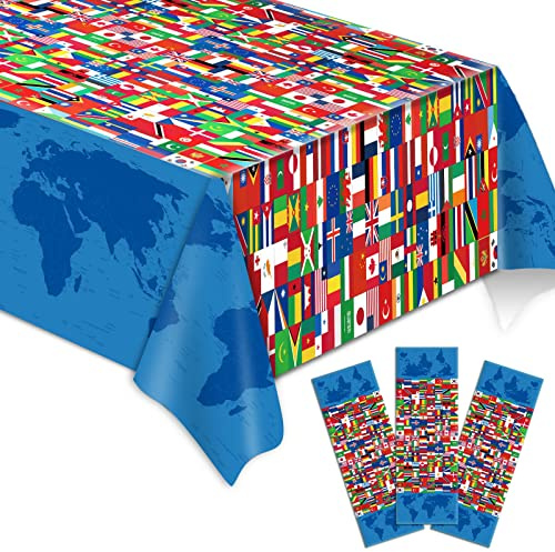 3 Pieces International Flag Tablecover World Flag Party Tablecloth Decorations Disposable Plastic Table Cover Birthday Party Decor Supplies Favors Outdoor Indoor