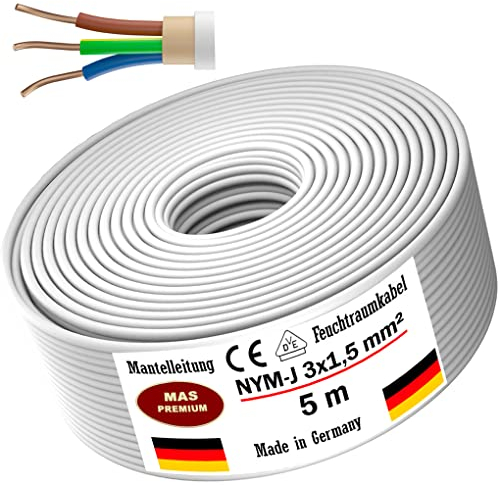 MAS Premium Feuchtraumkabel Stromkabel 5-200m Mantelleitung NYM-J 3x1, 5 2,5 4 6 10 oder 5x1,5 2,5 4 6 10 16 Elektrokabel für feste Verlegung (NYM-J 3x1, 5 mm², 5m)