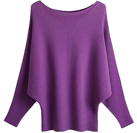FULIER Pull Femme Col Bateau Pull Tricoté Bat Manches Longues Casual Loose Sweater Taille Unique (Violet)
